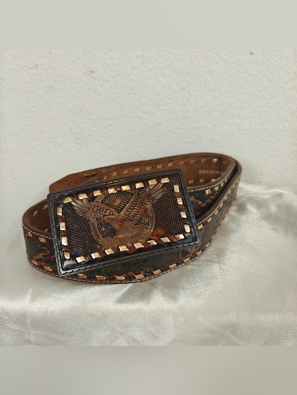 Fossil VTG Western Eagle Embossed Leather Belt Copper Studded Grain Cowhide 34